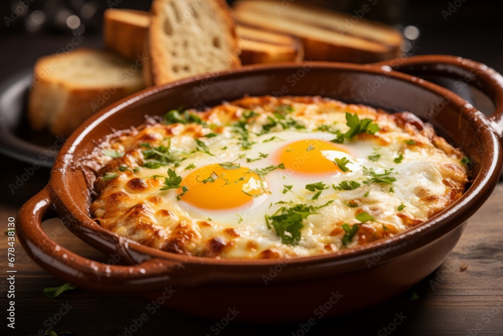 Delicious fried egg with crispy bacon in a sizzling pan, top view of a mouthwatering breakfast treat Delicious fried egg with crispy bacon in a sizzling pan, top view of a mouthwatering breakfast treat