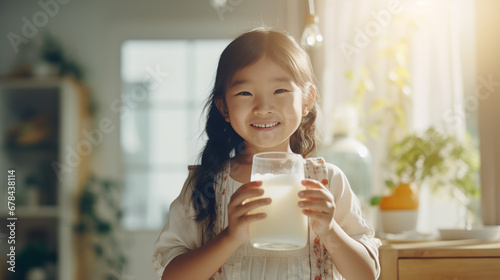 
cute asian girl kid hold milk glass in house kitchen child milk photo