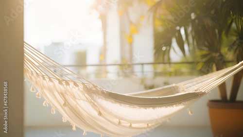 A picture of a hanging cotton hammock gently swaying in the breeze on a sundrenched balcony. The warm light creates a peaceful ambience, inviting relaxation and tranquility. photo