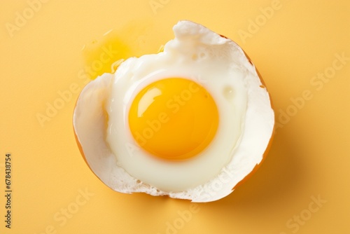 Perfectly cooked fried egg with golden yolk on vibrant yellow background, top view perspective