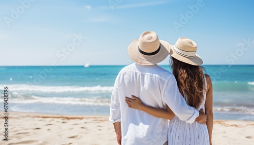 Unrecognizable couple blissfully enjoying a sunny beach day, immersed in the beauty of summer