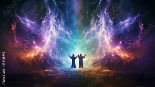 Two wizards stand in a room filled with swirling mystic energies each with outstretched hands. Softly a vibrant glimmering light begins to form between them forming an intangible connection photo