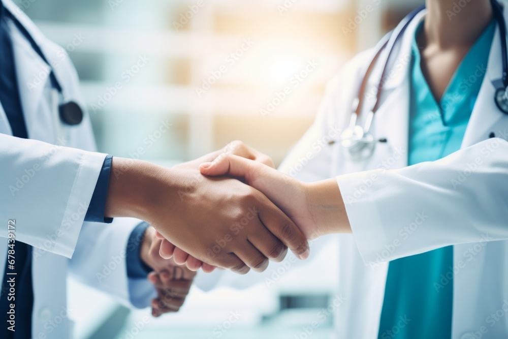 Diverse multiethnic medical team showcasing unity and teamwork through hand stacking gesture Diverse multiethnic medical team showcasing unity and teamwork through hand stacking gesture