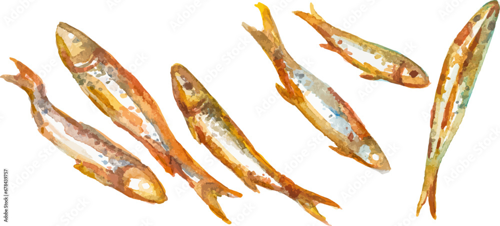 Watercolor painted roasted fish Hand drawn fresh seafood design element isolated on white background Watercolor painted roasted fish Hand drawn fresh seafood design element isolated on white background
