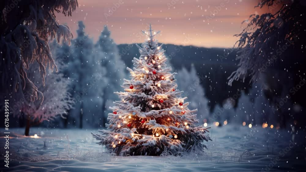 Christmas tree in the winter forest. Beautiful winter landscape with Christmas tree. Christmas scene with copy space. Snowfall. Loop
