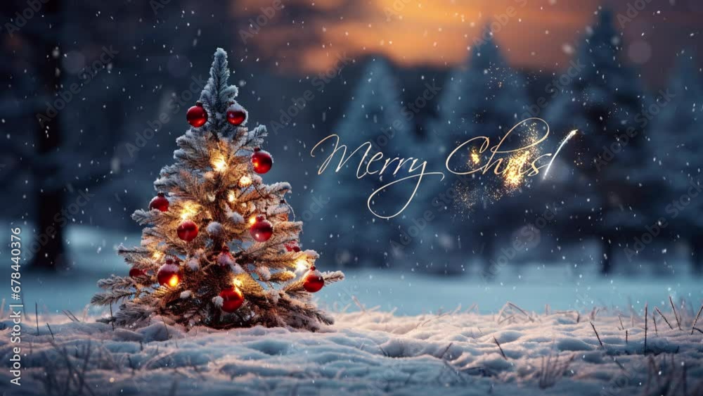 Merry Christmas reveal. Christmas tree in the winter forest. Beautiful winter landscape with Christmas tree. Winter scene with christmas greetings.
