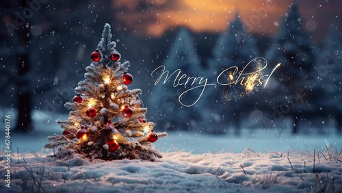 Merry Christmas reveal. Christmas tree in the winter forest. Beautiful winter landscape with Christmas tree. Winter scene with christmas greetings.
