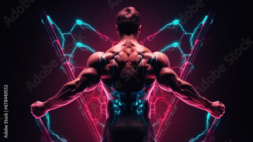 Luminous Muscle Strain: Powerful Male Athlete Engaging in Weightlifting Routine Amid Neon Lights