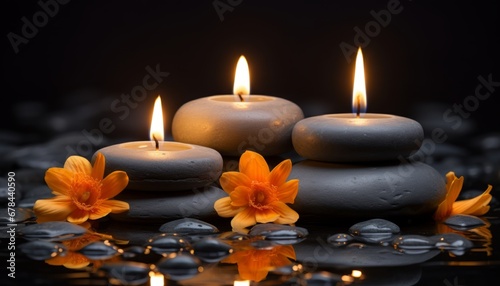 Tranquil spa treatment background with candles on dark backdropspace for text or message.
