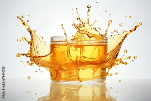 Luscious and golden single splash of honey suspended mid air, isolated on pure white background photo