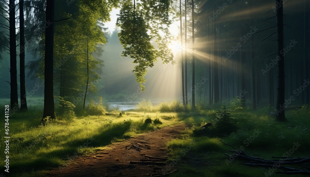Magical sunbeams casting a mesmerizing glow in a misty forest with ethereal sun light rays