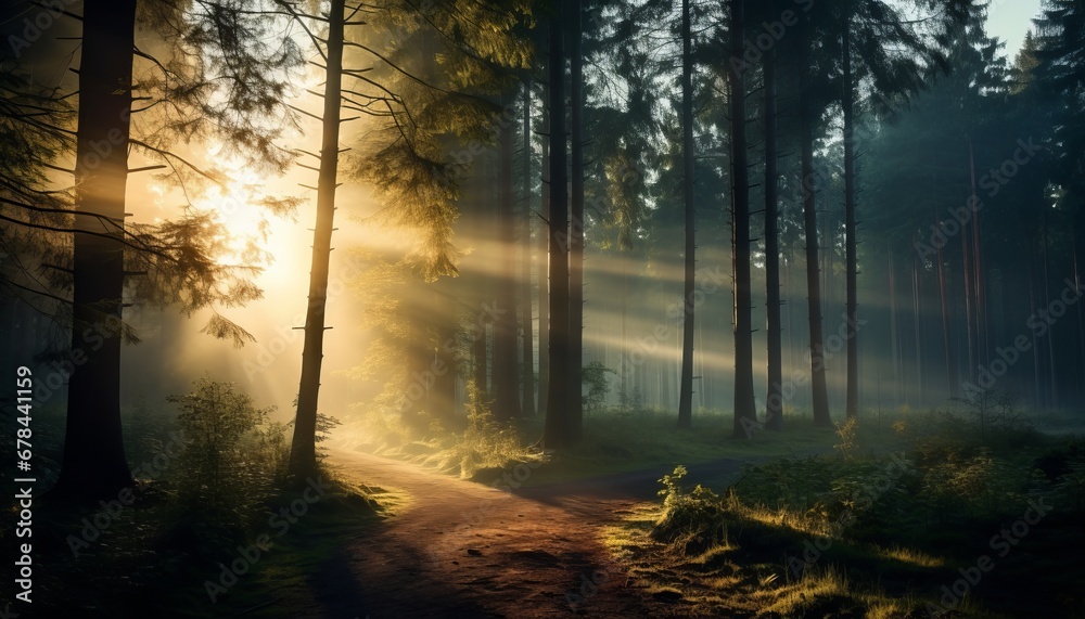 Obraz premium Serene and ethereal forest landscape with soft sunbeams piercing through misty ambiance