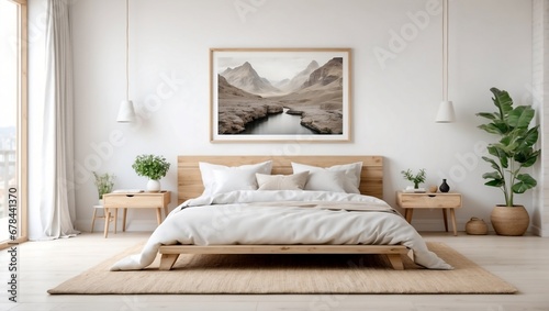 Blank wooden frame mockup on the wall and a centered bed in a trendy modern Scandinavian interior with white tones. Generative AI. © Holmberg