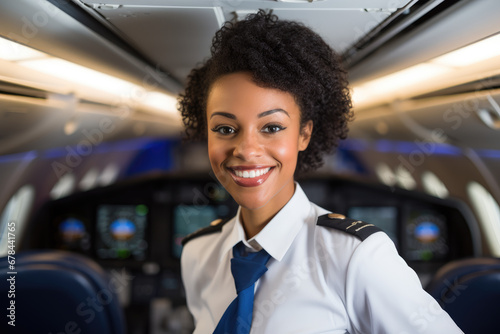 Closeup Portrait of a female flight attendant in an airplane, standing with poise and smiling at the camera, professional photography