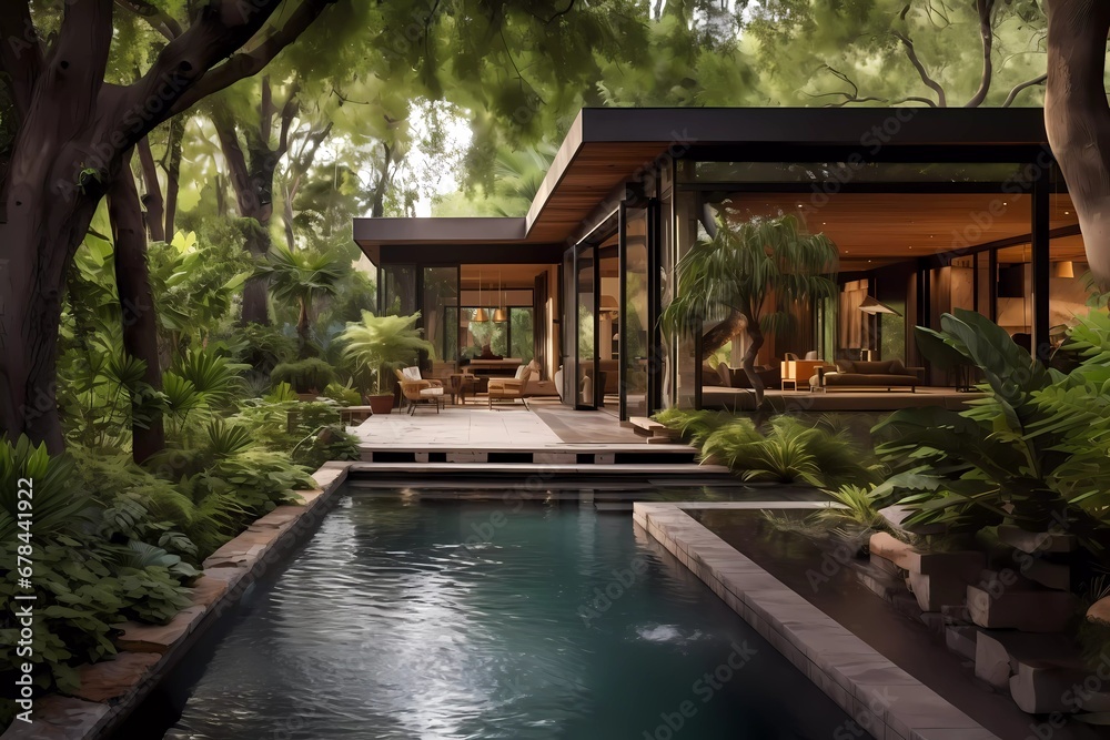 swimming pool in the garden and terrace of the house, with lush trees. generative ai swimming pool in the garden and terrace of the house, with lush trees. generative ai