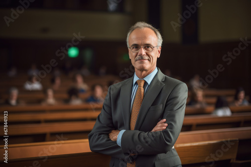 A male university professor in a lecture hall, standing at the lectern and engaging with the camera, professional photography