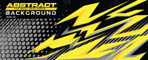 Abstract car decal vinyl wrap background vector design, yellow black stripe lightning sporty art auto sticker, striking sharp pointy graphic hexagon halftone simple