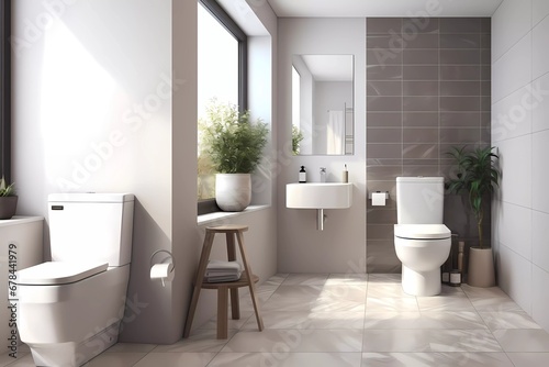 modern bathroom with silver tile walls and white tiles on the floor. generative ai photo