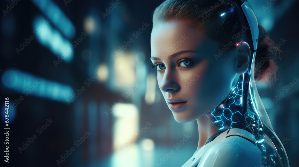 An image of a futuristic AI android robot alongside a female cyborg ...