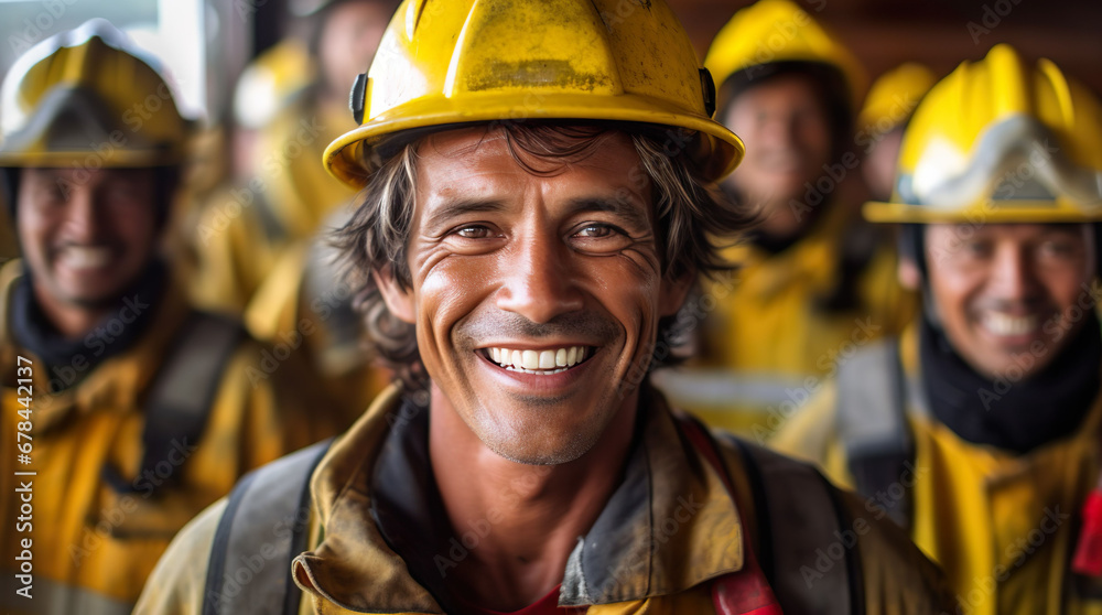 Latin American firefighter, with co-workers Latin American firefighter, with co-workers