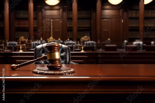 gavel on the judge's table, symbolizing a legal trial in the courtroom. generative ai © KBL Sungkid