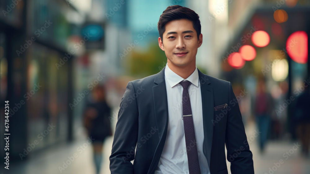 This image features a cheerful Asian businessman in a suit walking through a bustling city street on his way to the office, with the blurred street enhancing the urban vibe. This image features a cheerful Asian businessman in a suit walking through a bustling city street on his way to the office, with the blurred street enhancing the urban vibe.