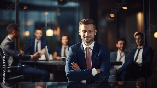 In this professional setting, a successful businessman occupies a boardroom seat while his team stands in the background, highlighting his leadership and teamwork.