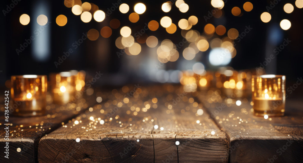 Christmas background with golden sparkle lights on a dark wood table, creating a dazzling scene.
