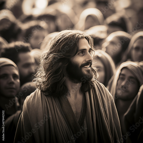 A solemn and powerful image of Jesus standing tall with wisdom and purpose amid a reverent and spiritual atmosphere. photo
