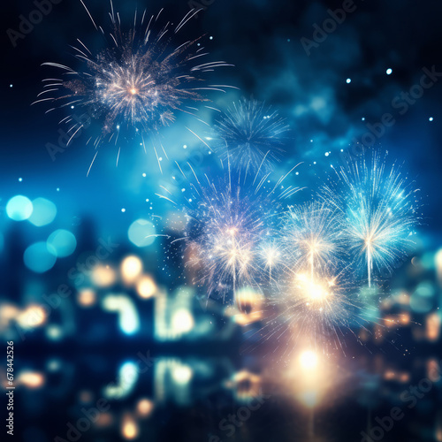 Blue bokeh with fireworks on a dark background, presenting an abstract holiday with dazzling cityscapes.