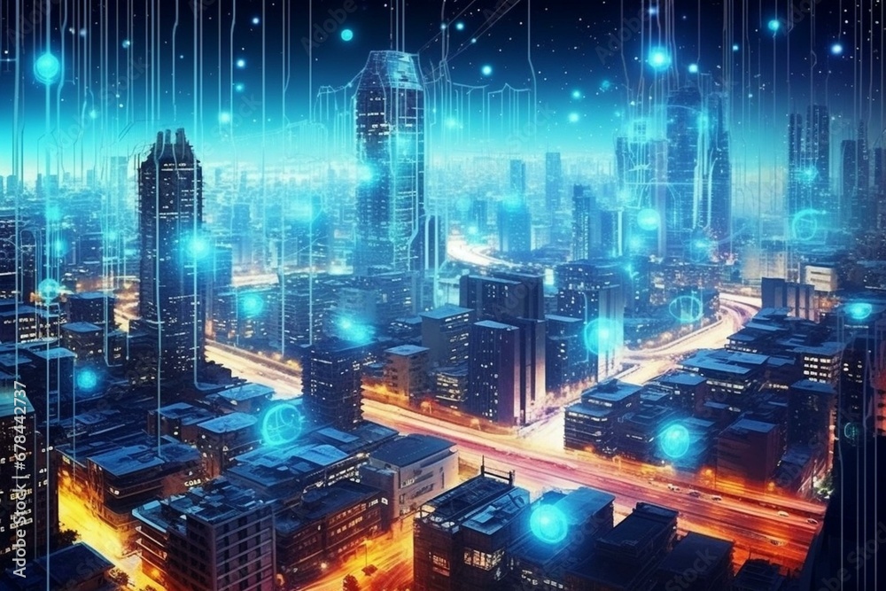 Concept of futuristic urban environment with fast internet of things connection. Generative AI
