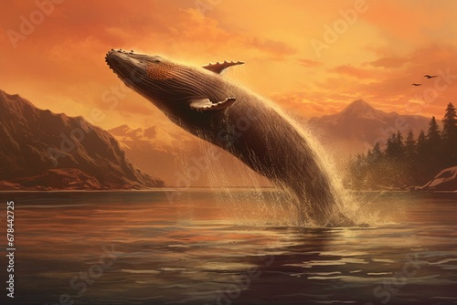 majestic whale leaping dawn. Generative AI © Pascal