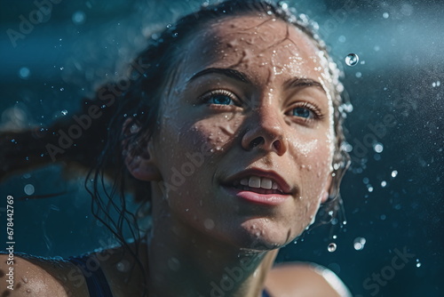 A close-up of a woman's face with water splashing around her. 