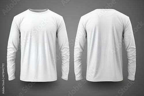 Blank white long sleeve t-shirt on dark grey background, front and back view for mockup