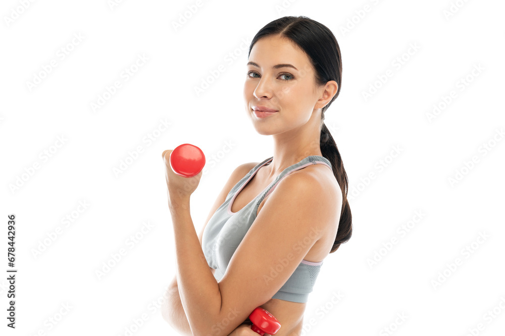 Portrait of sport slim fit strength woman workout in sportswear sitting relax and do fitness exercise with dumbbell on white background.Diet concept.Fitness and healthy lifestyle Portrait of sport slim fit strength woman workout in sportswear sitting relax and do fitness exercise with dumbbell on white background.Diet concept.Fitness and healthy lifestyle