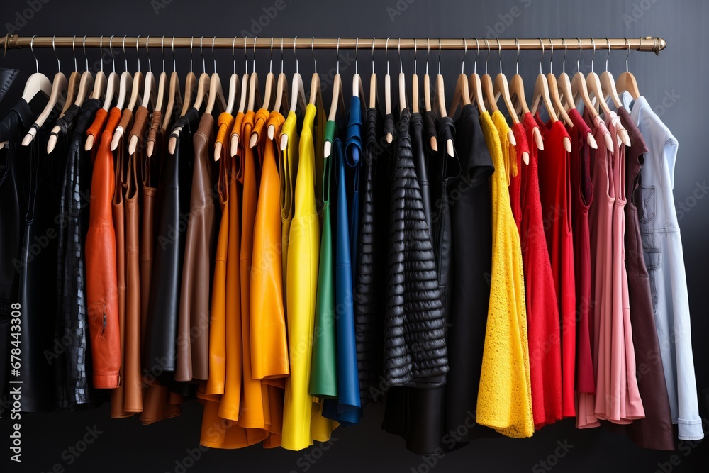 Vibrant and trendy fashion clothes displayed on a clothing rack in a colorful and organized closet
