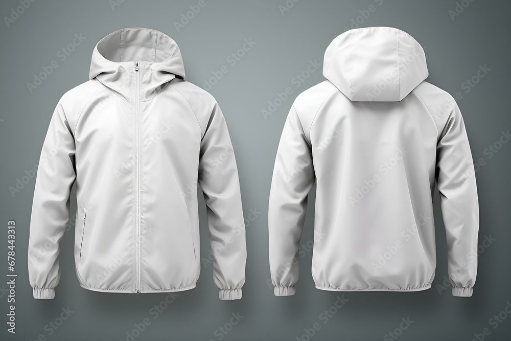 Blank white windbreaker jacket mockup, front and back view - obrazy, fototapety, plakaty 