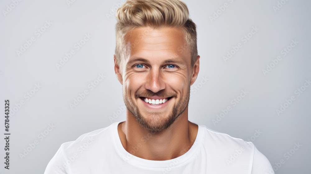 a closeup photo portrait of a handsome blonde scandinavian man smiling with clean teeth. for a dental ad. guy with fresh stylish hair with strong jawline. isolated on white background. - obrazy, fototapety, plakaty 