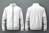 Blank white jacket mockup on grey background, front and back view