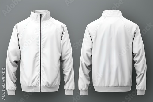 Blank white jacket mockup on grey background, front and back view photo