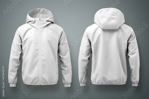 Blank white windbreaker jacket mockup, front and back view