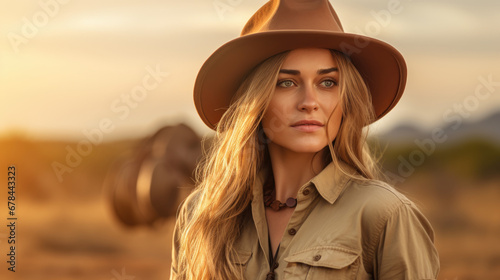 This image features a young woman on an African safari, dressed for adventure with blurred wildlife in the backdrop.