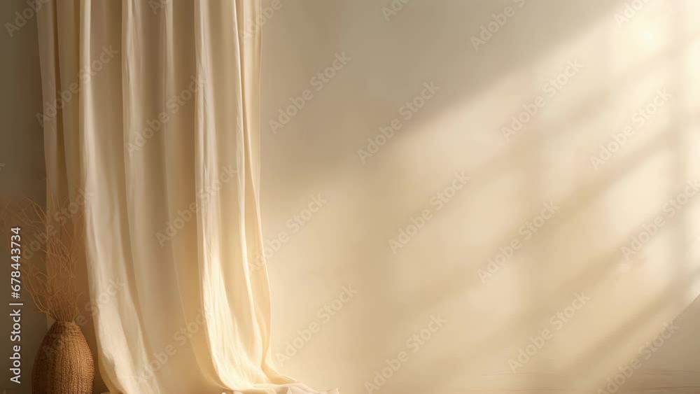 A minimalistic abstract background in a combination of warm and cool tones, with light streaming through curtains, casting intricate patterns on a textured linen wall. The softness of A minimalistic abstract background in a combination of warm and cool tones, with light streaming through curtains, casting intricate patterns on a textured linen wall. The softness of