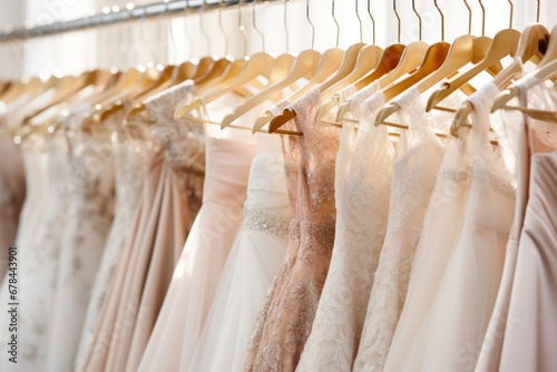 Elegant white wedding dresses hanging on hangers in luxury bridal shop boutique salon © Ilja