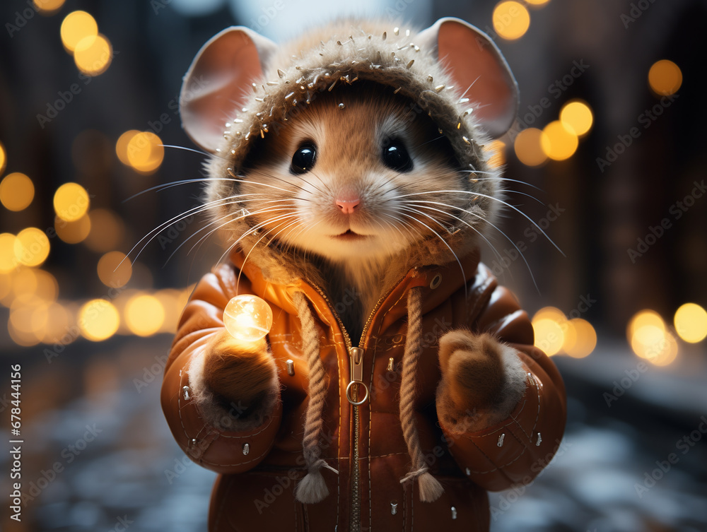 Cute little mouse in winter clothes on a background of Christmas lights. Generated by AI