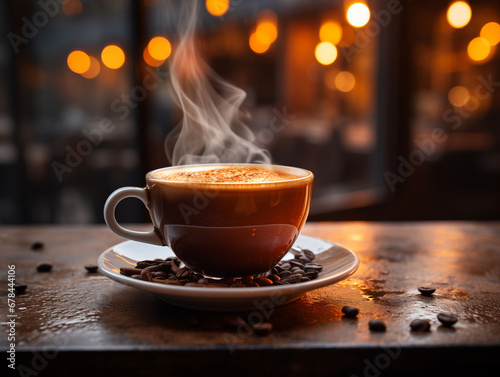 Warm cup of coffe on autumn background. Beautiful restaurant background. Generated by AI