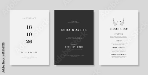 Elegant black and white wedding card template. luxury and minimalist wedding invitation with engraved style
