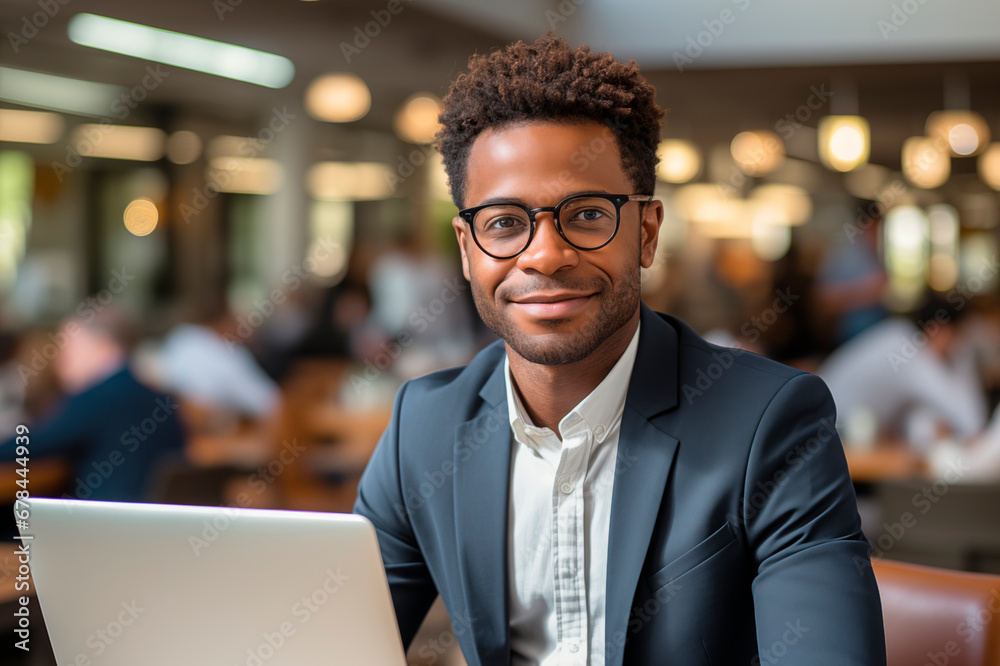 a super positive guy of African-American appearance, an office worker, laughs from a job well done in a large office a super positive guy of African-American appearance, an office worker, laughs from a job well done in a large office