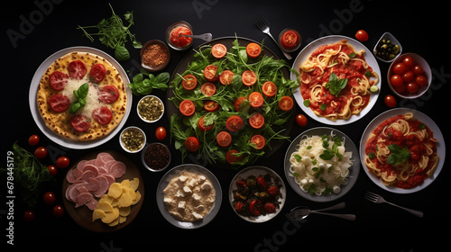 Variety of italian meals on a table from the top pov. Caprese, Carpaccio, Salad, Bruschetta, Ravioli, Pasta, Pizza, Spaghetti, Tomato. Generative AI
