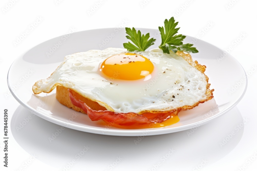 Deliciously cooked fried egg served on a pristine white plate, isolated on a clean white background Deliciously cooked fried egg served on a pristine white plate, isolated on a clean white background